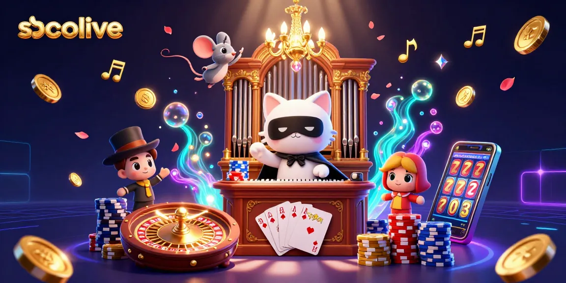 Socolive showcases vibrant casino magic with a cat organist, mouse acrobat, and sparkling treasures.