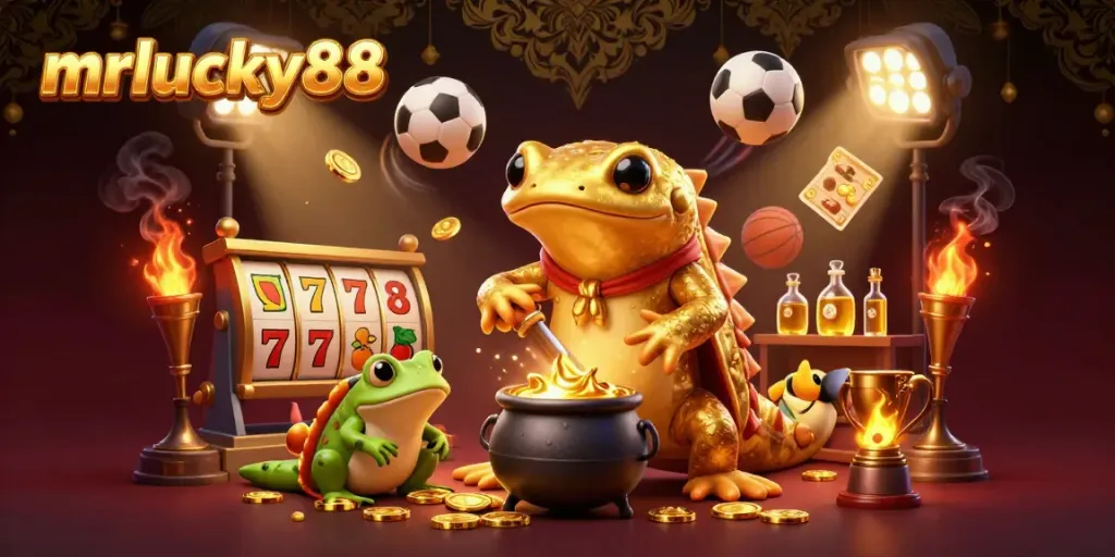 Experience the magic of mrlucky88 with an enchanting 3D casino illustration of gaming elements blended with alchemical symbols.
