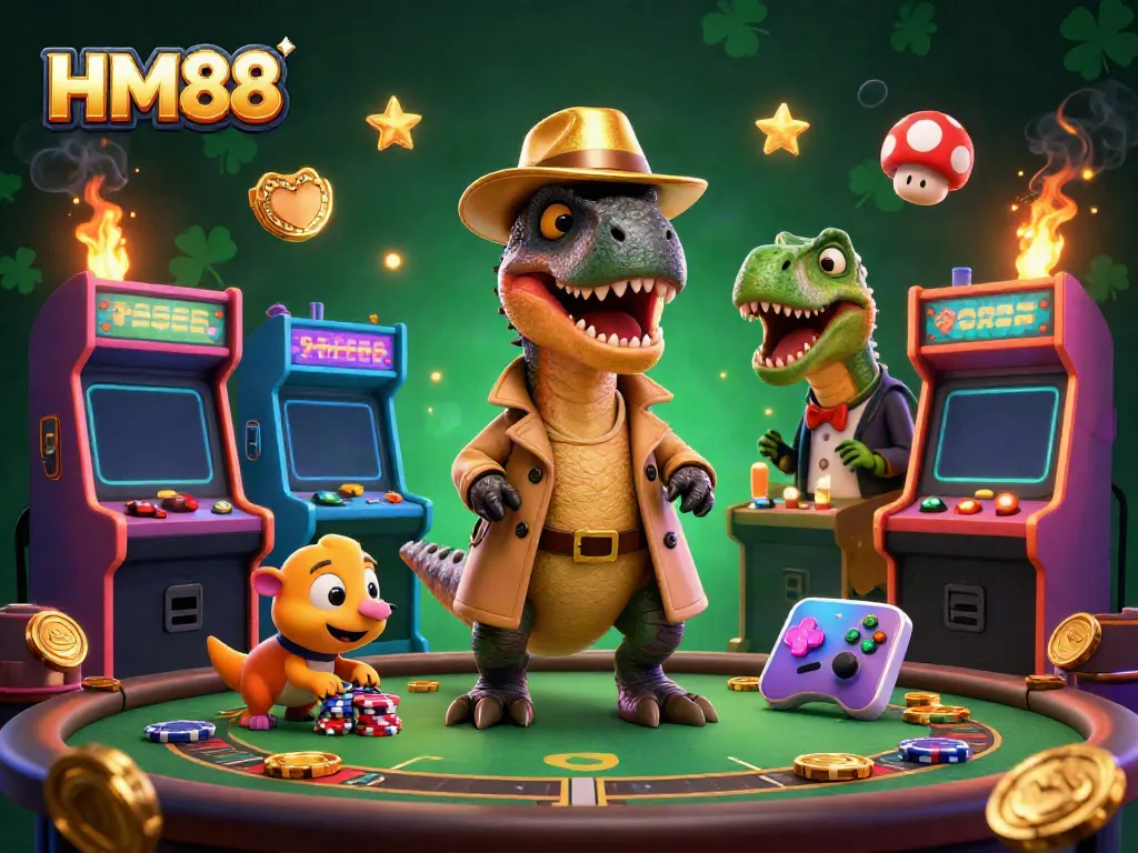 Experience the thrilling action at HM88 casino with a clever velociraptor card counter and colorful arcade elements.