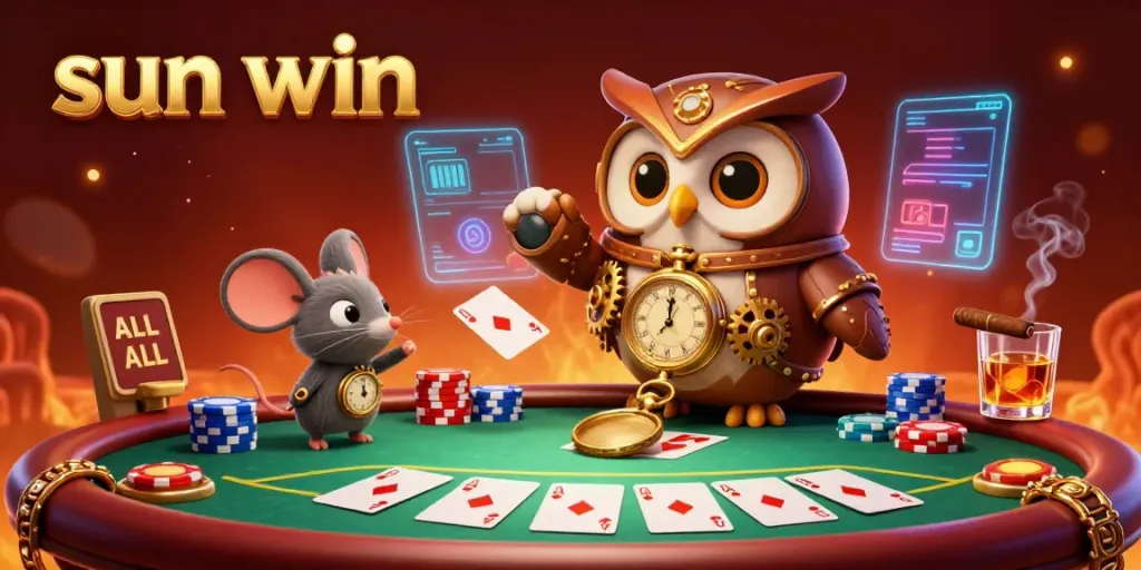 Experience the excitement of sun win with a vibrant 3D casino scene featuring a time-traveling owl and immersive gaming elements.