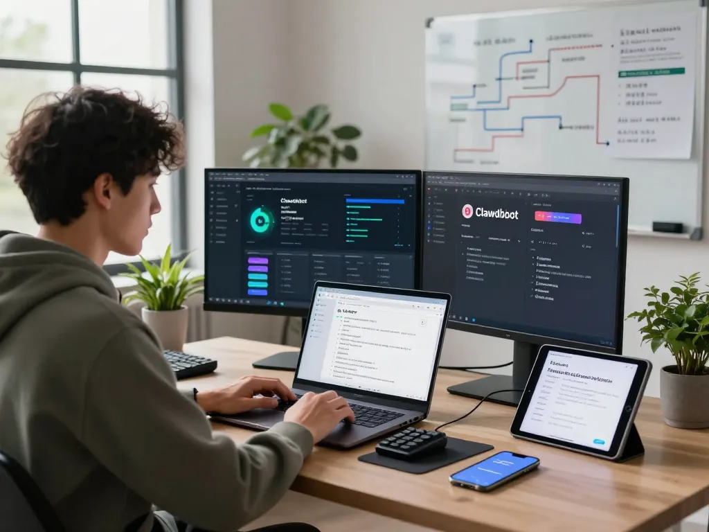 Developer integrating clawd bot in a modern AI workspace with dual monitors and tech gadgets.