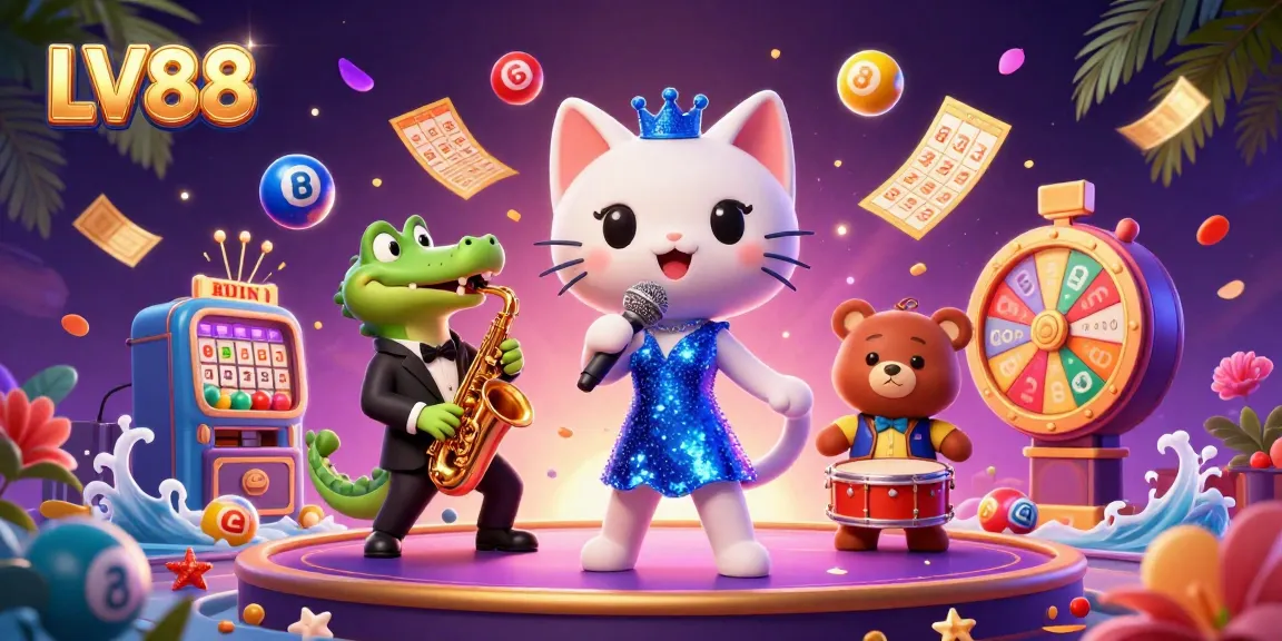 Experience LV88's vibrant casino scene with a jazzy cat, croc, and bear immersed in gaming excitement.