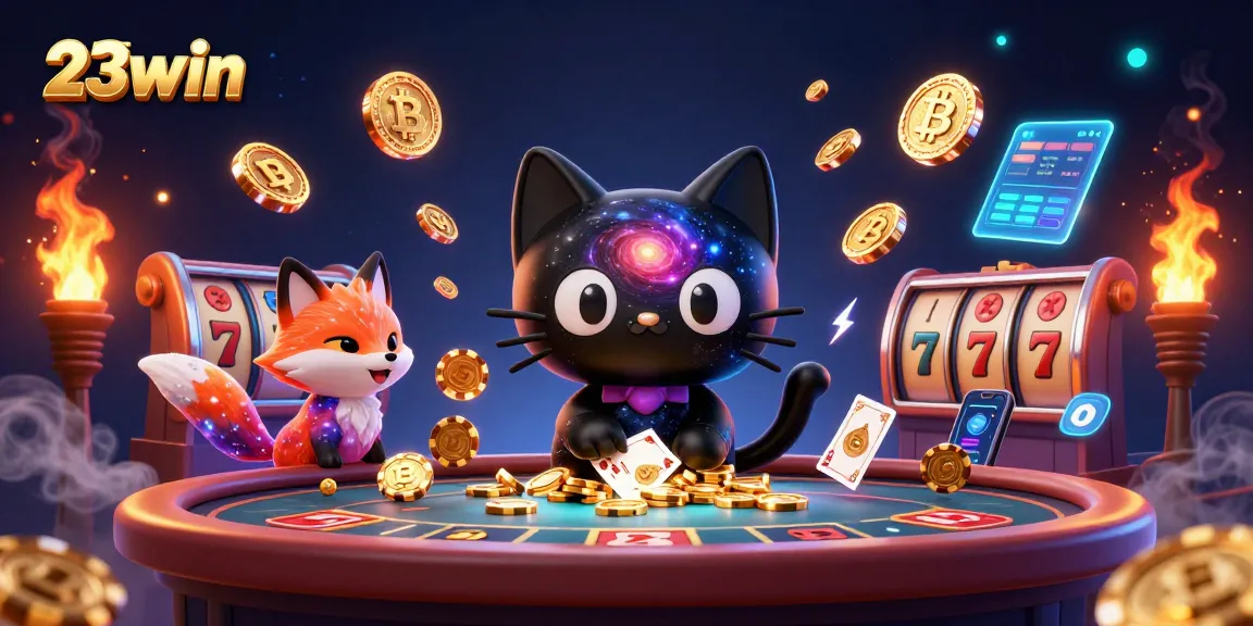 Experience thrilling 23win gaming with a dynamic cosmic casino scene featuring a black hole cat and nebula fox.