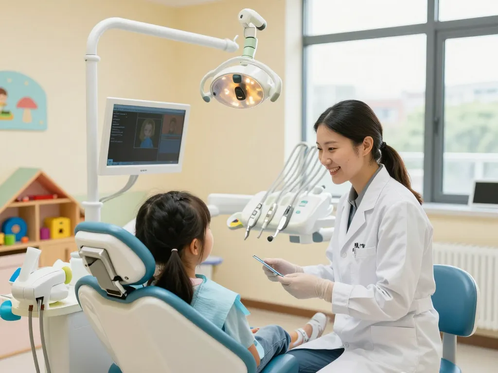 Welcoming dental clinic scene showcasing a dentist with a young patient, reflecting the concept of a dental clinic near me.