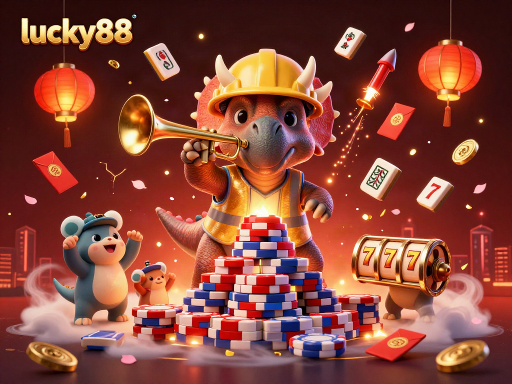 Experience the excitement of lucky88 as a triceratops stacks poker chips in a vibrant casino scene.