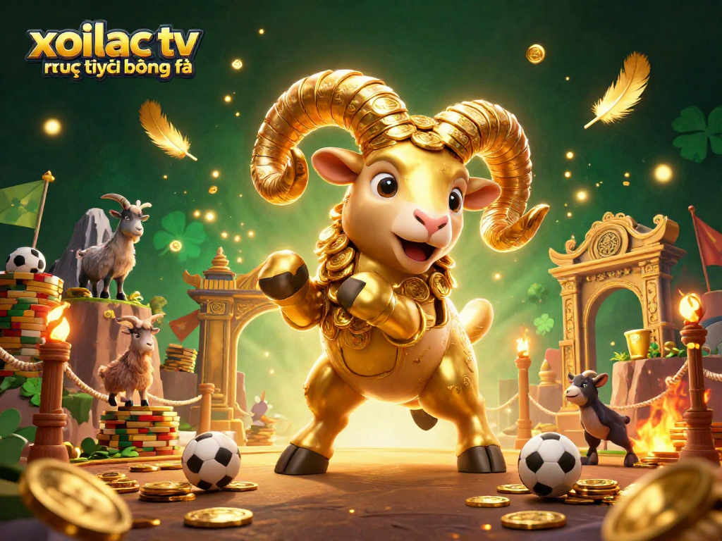 Engaging scene showcasing xoilac tv trực tiếp bóng đá with a dynamic golden ram charging through a betting arena.