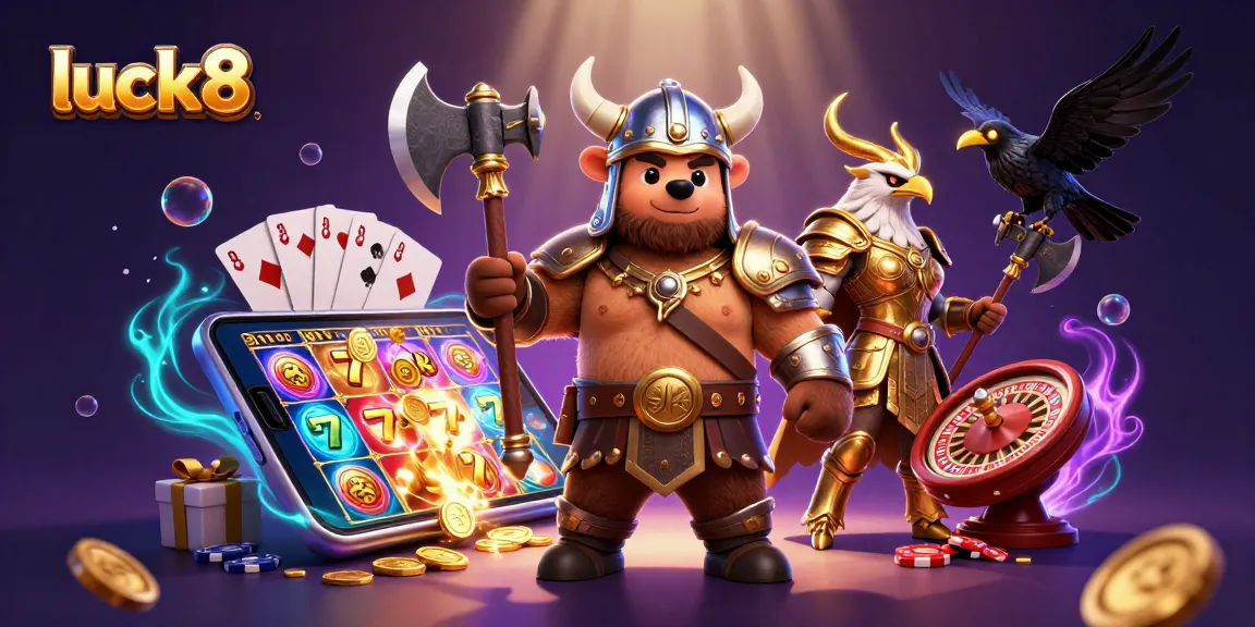 Engage with luck8 in a vibrant 3D scene showcasing a Viking bear and Valkyrie eagle in a magical casino environment.