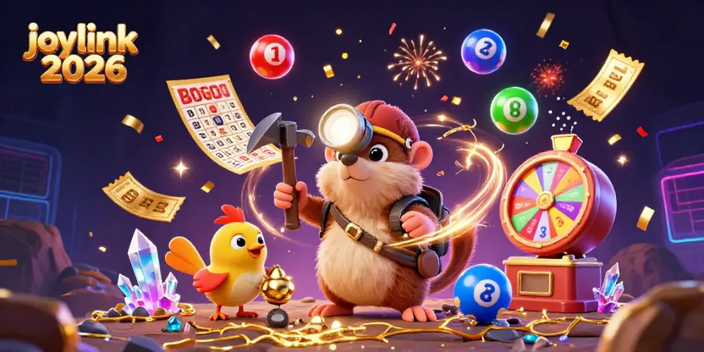Join in the excitement of joylink 2026 with a treasure hunter mole, enjoying lottery celebrations and prizes!