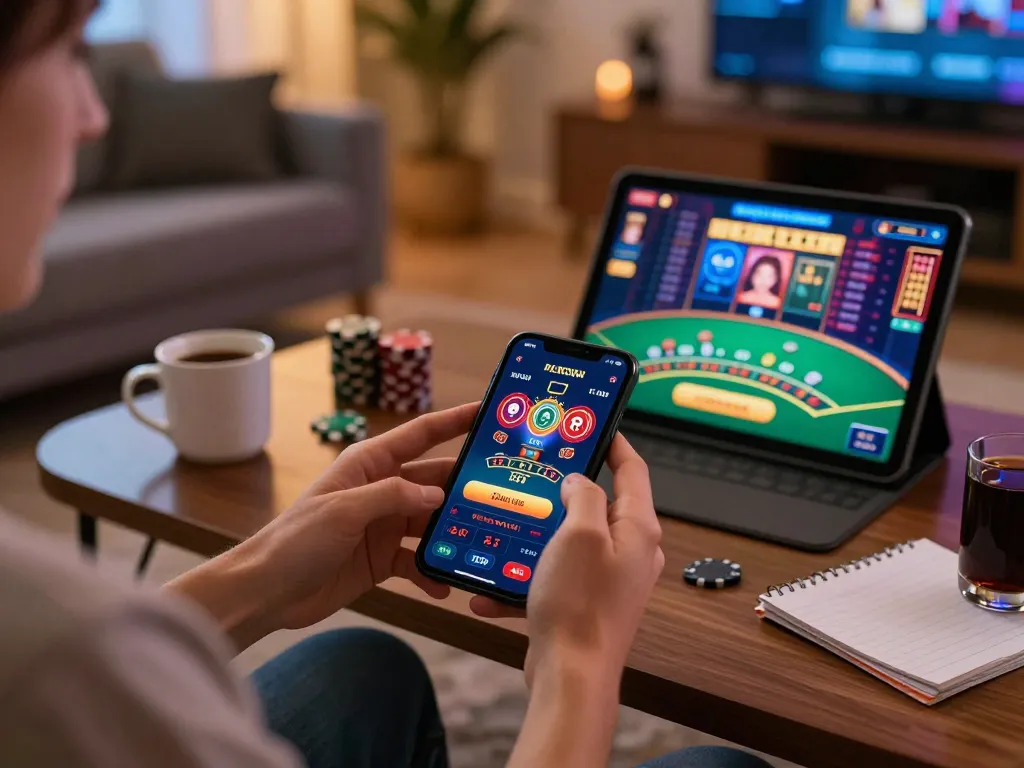 Engaged user playing gg88 mobile gambling app, showcasing strategic gaming setup.