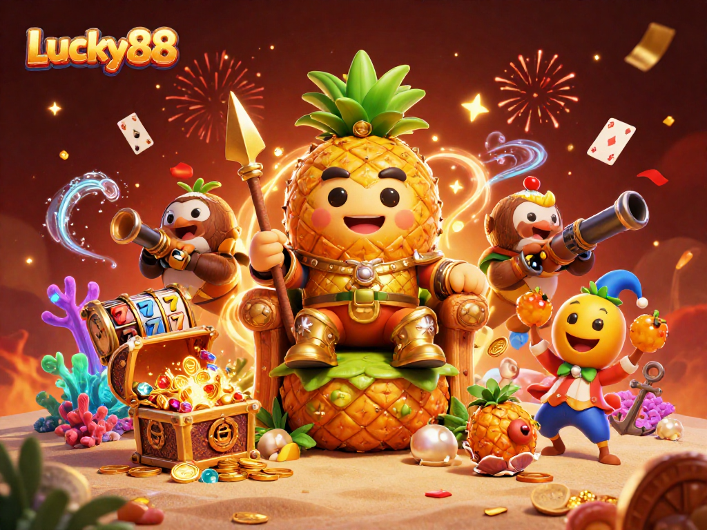 Experience thrilling gameplay with Lucky88 as the golden pineapple king and vibrant characters entertain in a lively casino scene.