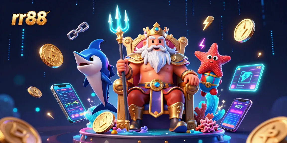 Win with rr88 in a dynamic 3D casino scene featuring Neptune, crypto coins, and electrifying game elements.