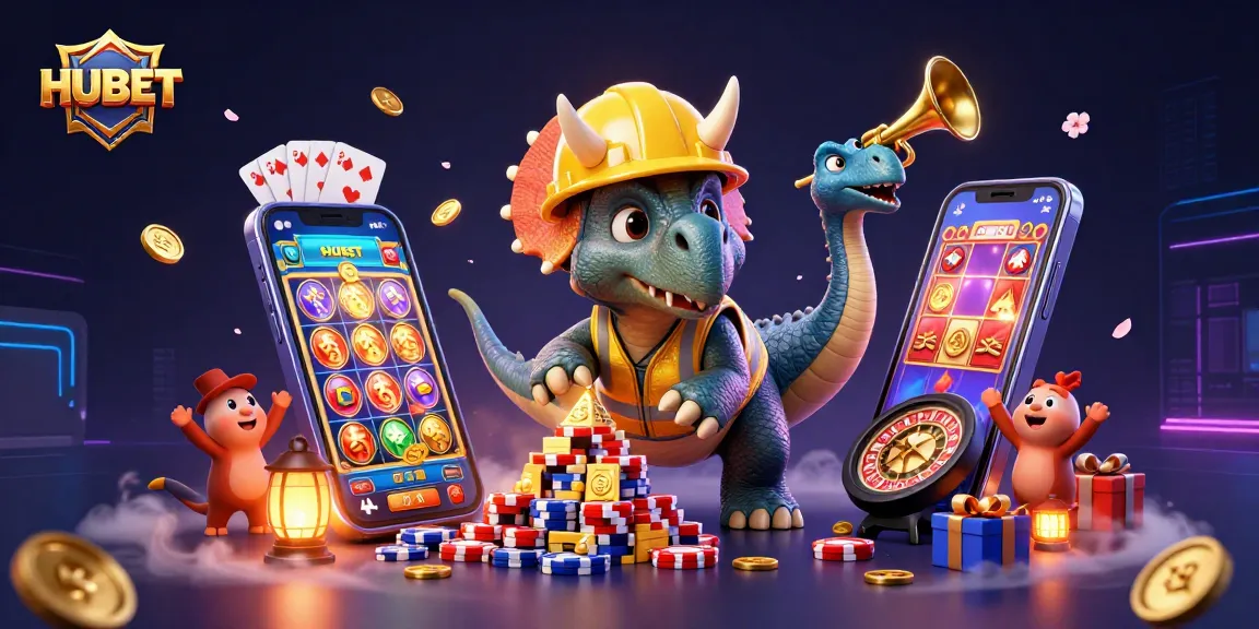 Join HUBET for thrilling gaming action with colorful slot games and excited characters.