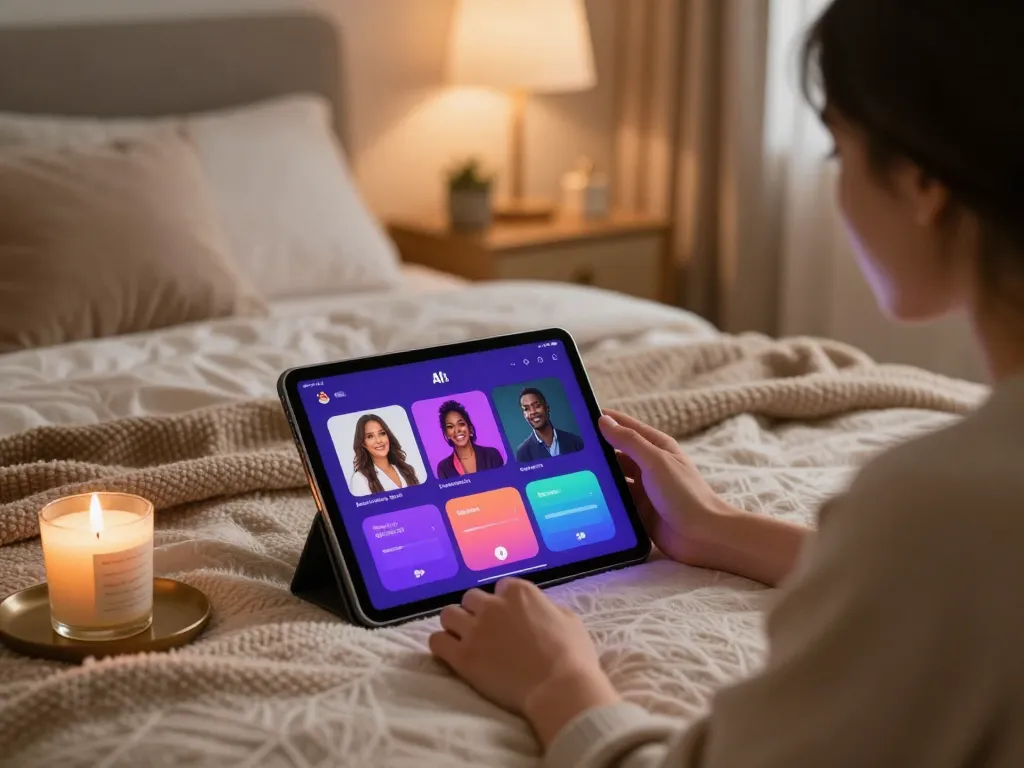 Engaging with AI sex app on tablet in stylish bedroom.