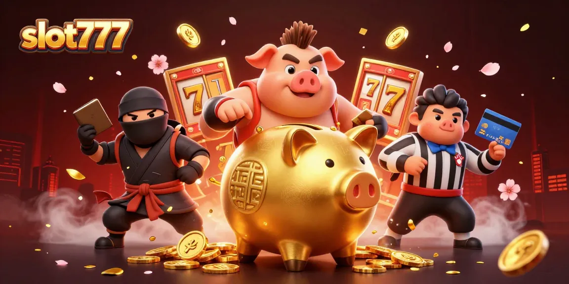 Engage with slot777's exciting gameplay featuring animated sumo wrestler smashing coins and lucky symbols.