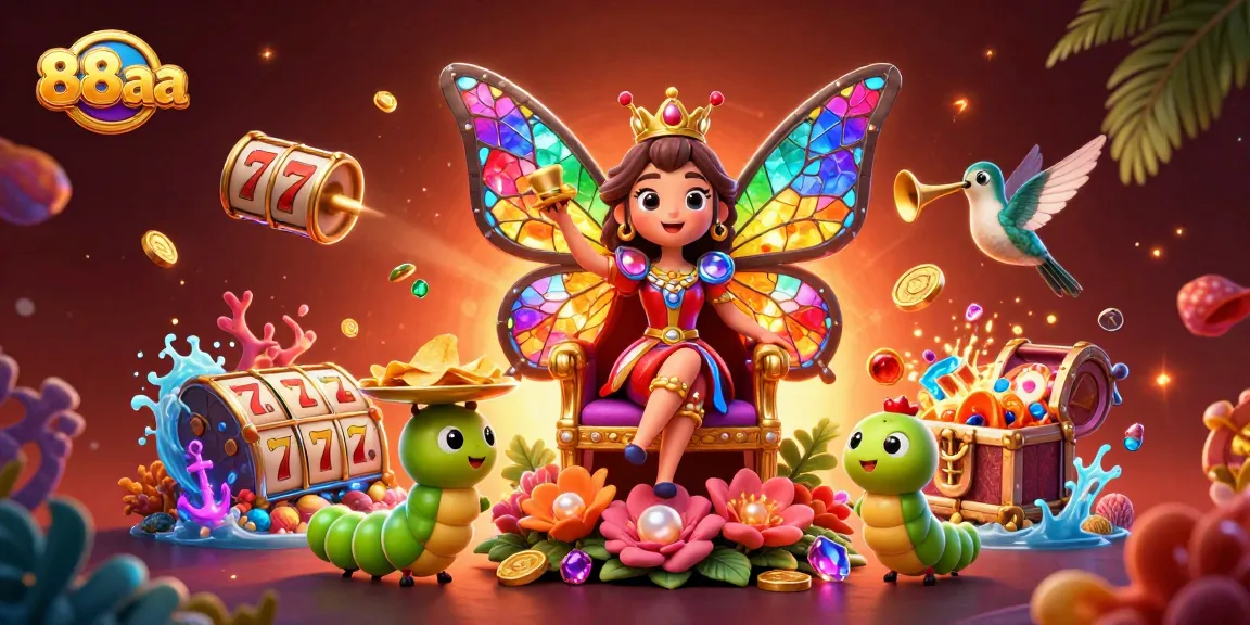 Engage with excitement at 88aa's vibrant casino paradise featuring slot reels and butterfly queen.
