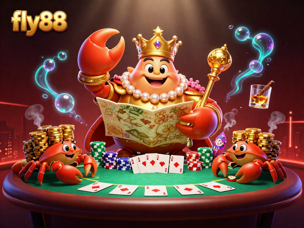 Experience thrilling gameplay at fly88, featuring a majestic golden crab emperor amidst vibrant poker elements.