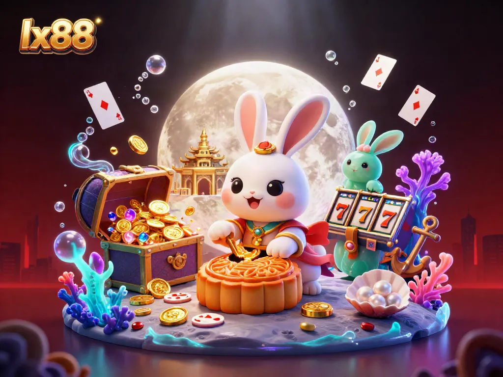 Experience the thrill of lx88 with a vibrant casino moon scene filled with poker chips and lucky treasures.