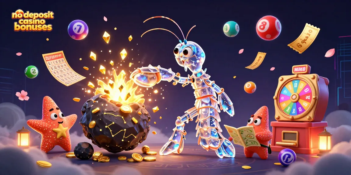 No deposit casino bonuses shine in a 3D cosmic scene with vibrant prizes and animated characters.