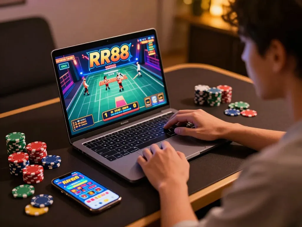 Engaging in RR88 online gaming with vibrant setup, laptop showcasing casino interface.
