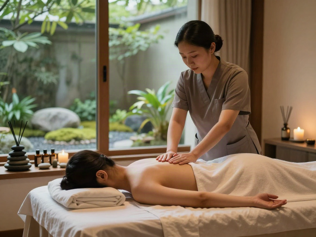 의왕출장안마 focusing on a peaceful massage therapy session in a serene spa environment