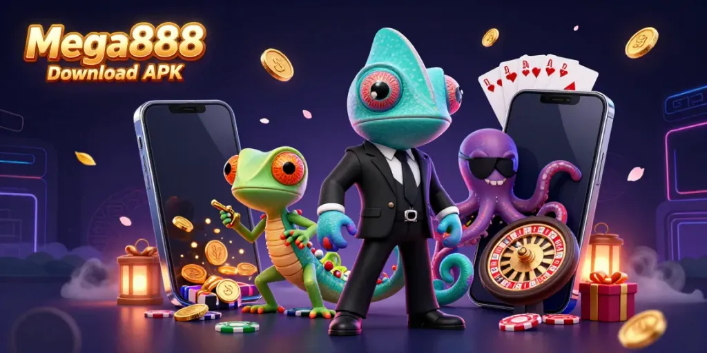 Engage with the Mega888 download APK featuring dynamic casino elements and colorful characters in action.