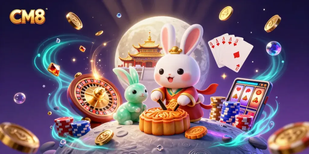 CM8 casino-themed illustration showcasing a moon rabbit revealing poker chips, dynamic gaming elements, and vibrant background.