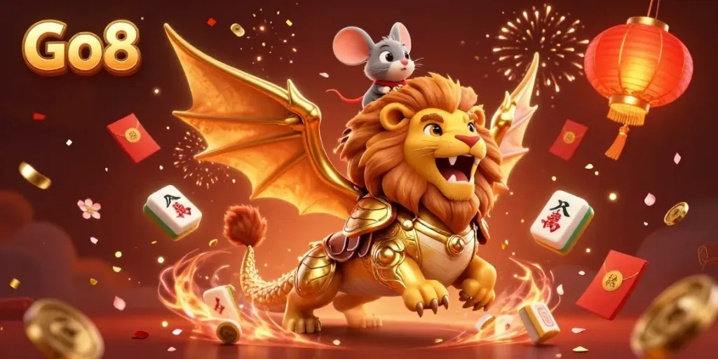 Engage with the Go8 gaming scene as our chimeric champion rides into action, amidst vibrant casino elements.