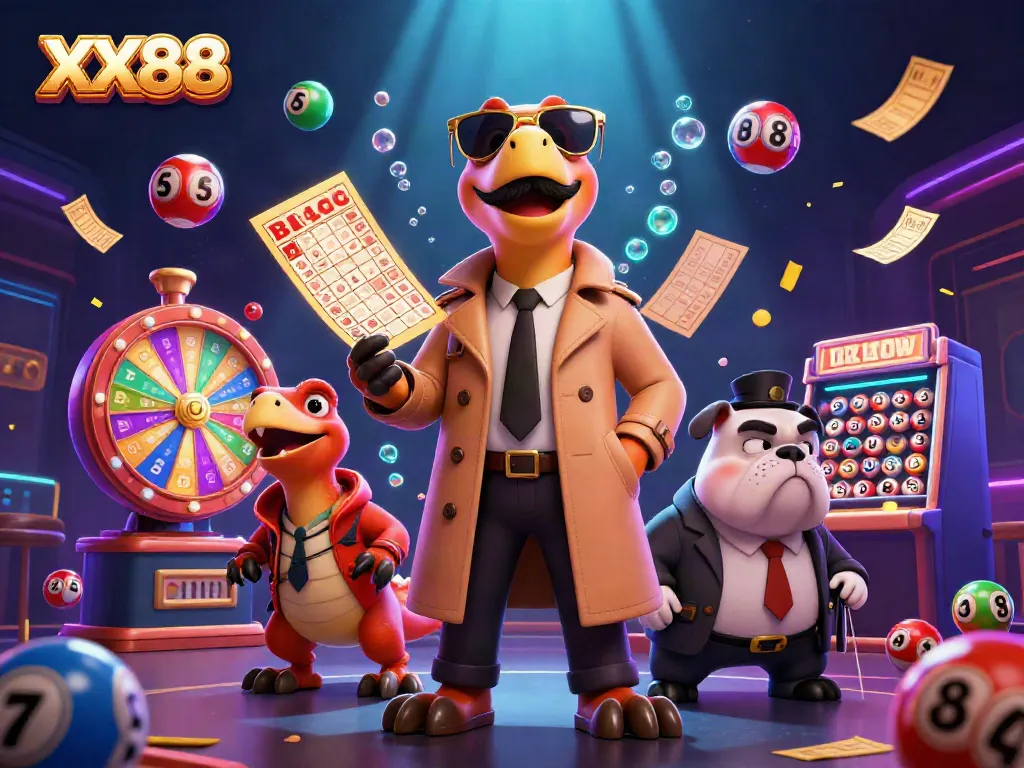 Create a thrilling casino scene with XX88 featuring raptors and a bulldog bouncer amidst vibrant game elements, capturing the excitement of gambling.