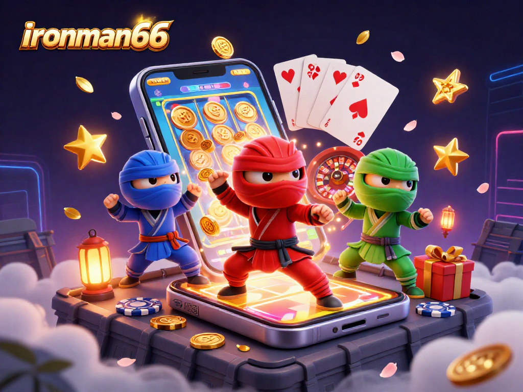 Experience the thrilling action of ironman66 with ninja chameleons in a vibrant casino scene, showcasing top slot games.