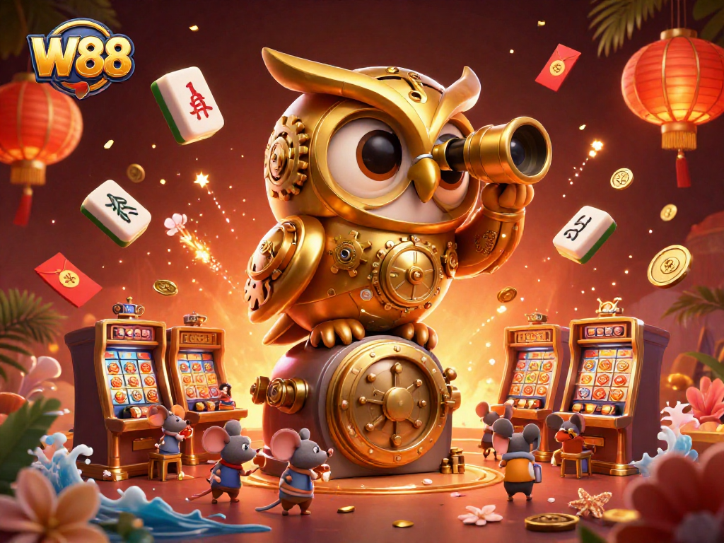 Engage with W88's vibrant casino experience, featuring animated characters amidst rich gaming elements.
