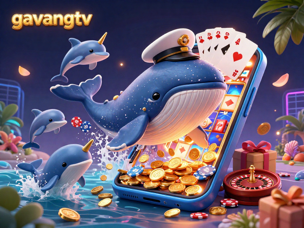 Engage with the magical world of gavangtv as a cartoon whale breaches through coins, showcasing thrilling gambling adventures.