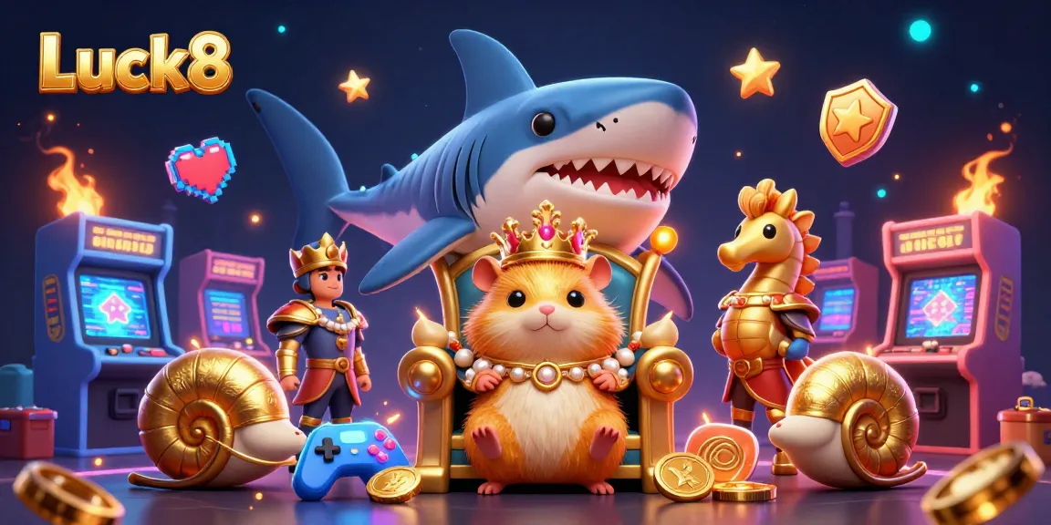 Engage in immersive gaming fun at Luck8 with a playful scene of a golden hamster king and seahorse guards.
