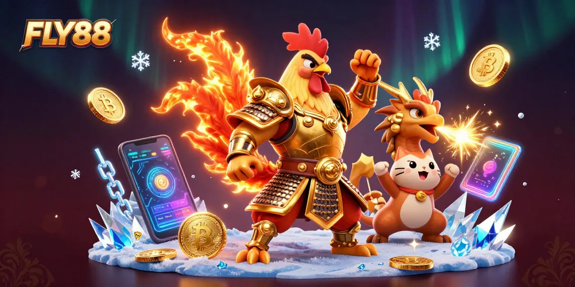 FLY88 features an epic battle scene with a rooster warrior and dragon hatchling, showcasing vibrant casino elements.