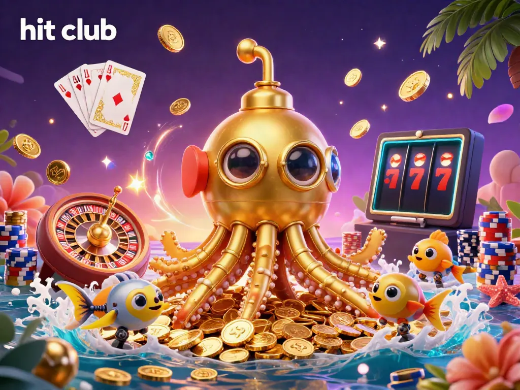 Experience the excitement of hit club with a vibrant 3D illustration featuring a golden kraken submarine among cascading coins and gaming elements.