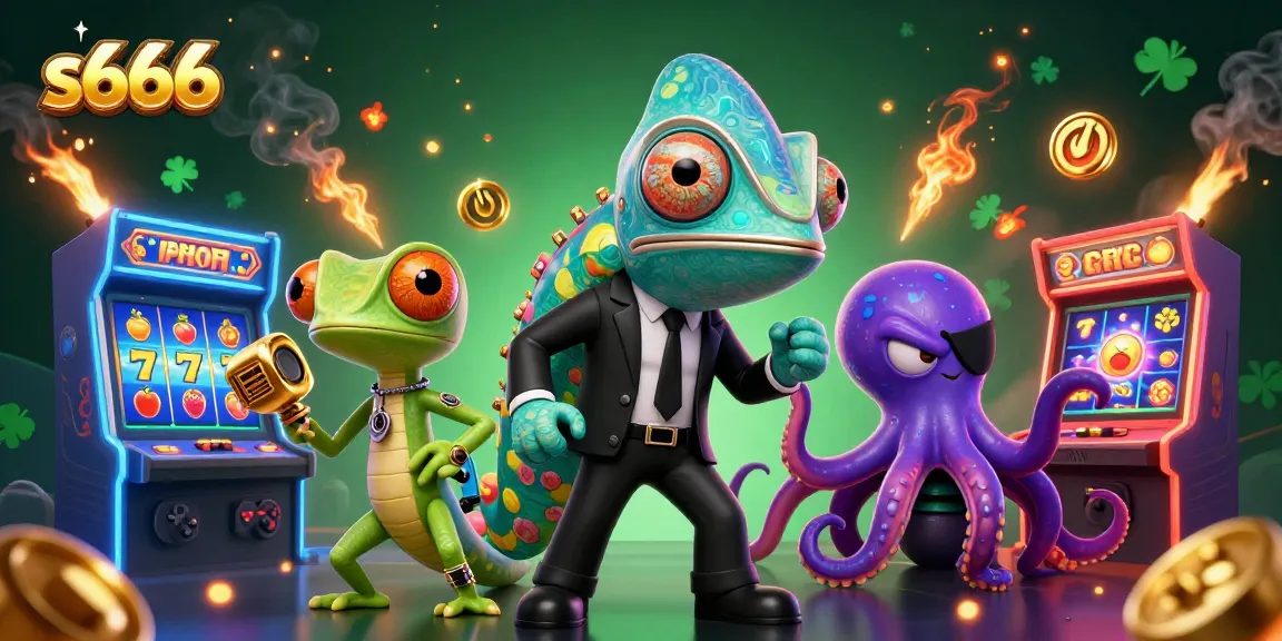 S666 gaming action with vibrant characters and slot machines, showcasing thrilling casino fun.