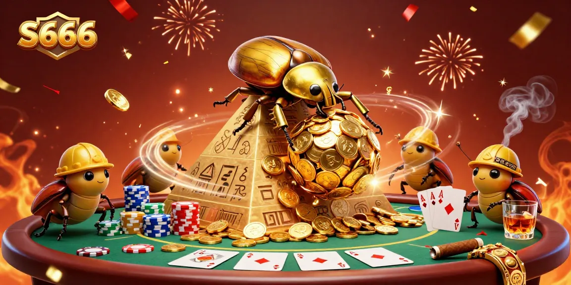 Engage with S666 casino by betting on vibrant poker tables surrounded by golden beetles.