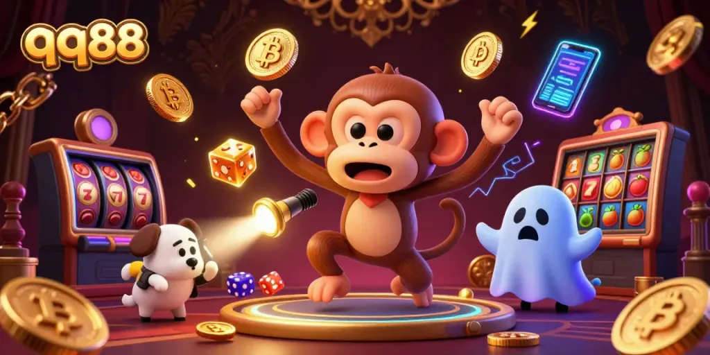 Experience the thrill of qq88 with a mischievous poltergeist monkey juggling casino treasures amidst a haunted backdrop.