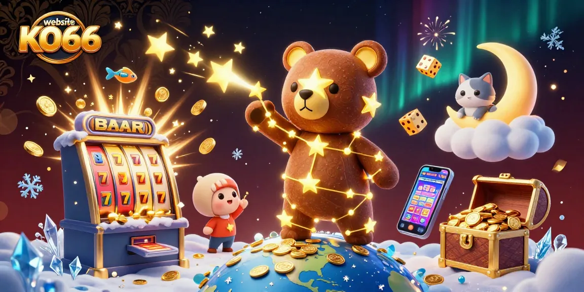 Engage in thrilling gameplay at website KO66, featuring vibrant slot machines and astrological themed characters.