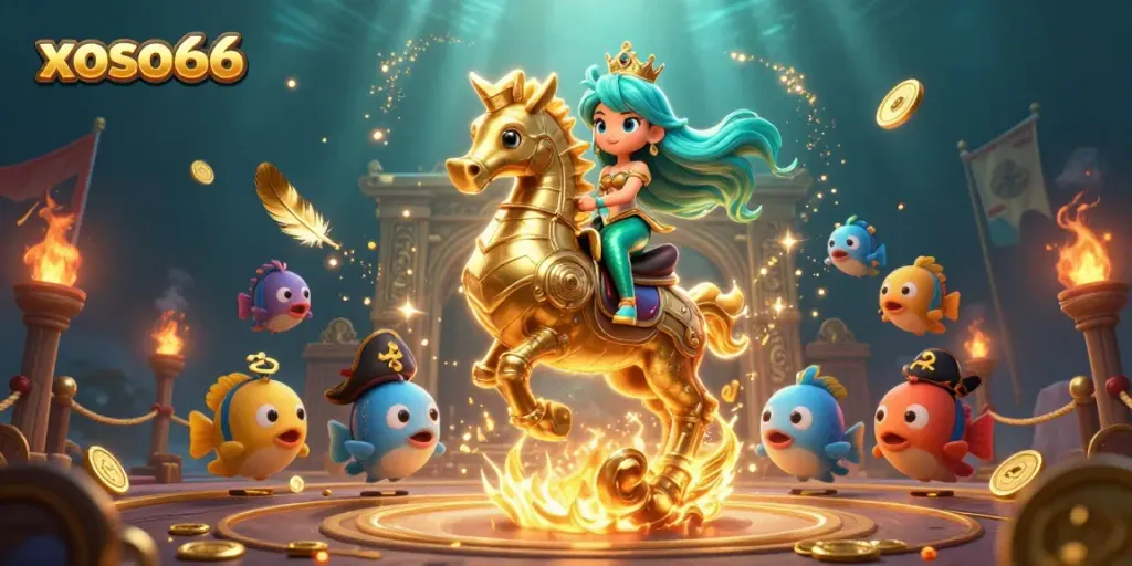 Xoso66's vibrant gaming adventure scene showcases a mermaid princess and a seahorse with thrilling elements.