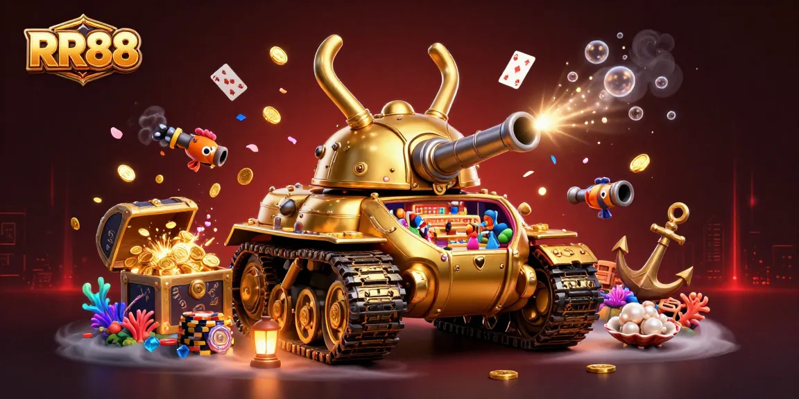 Experience thrilling gaming adventures at RR88, featuring a golden tank casino among vibrant sea elements.