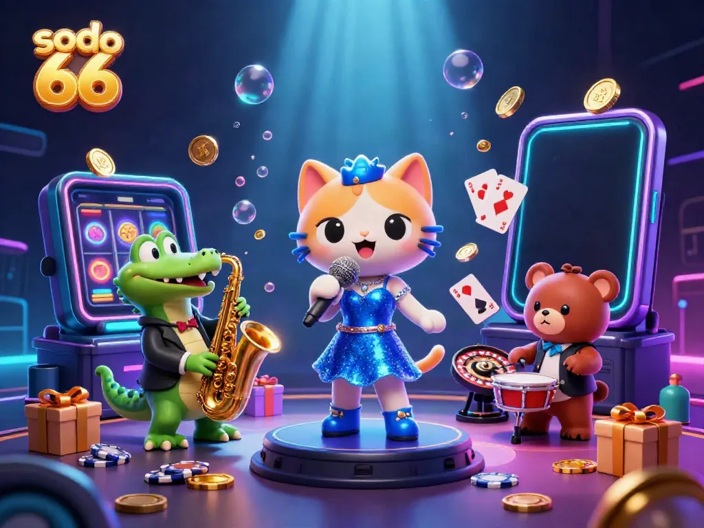 Experience the excitement of sodo 66 with a vibrant casino scene featuring animated characters and game elements.