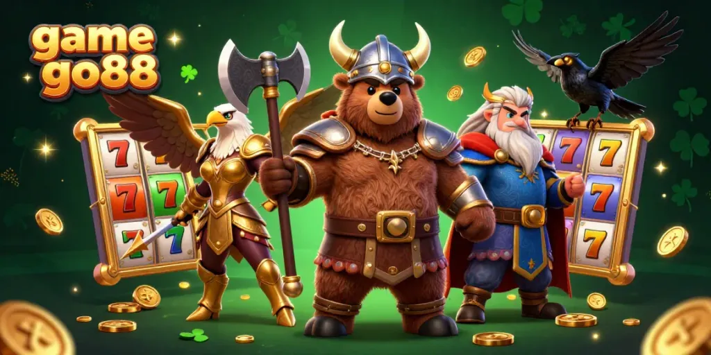 Engage with game go88 in this vibrant 3D casino scene featuring a Viking bear and Valkyrie eagle surrounded by colorful slot reels.