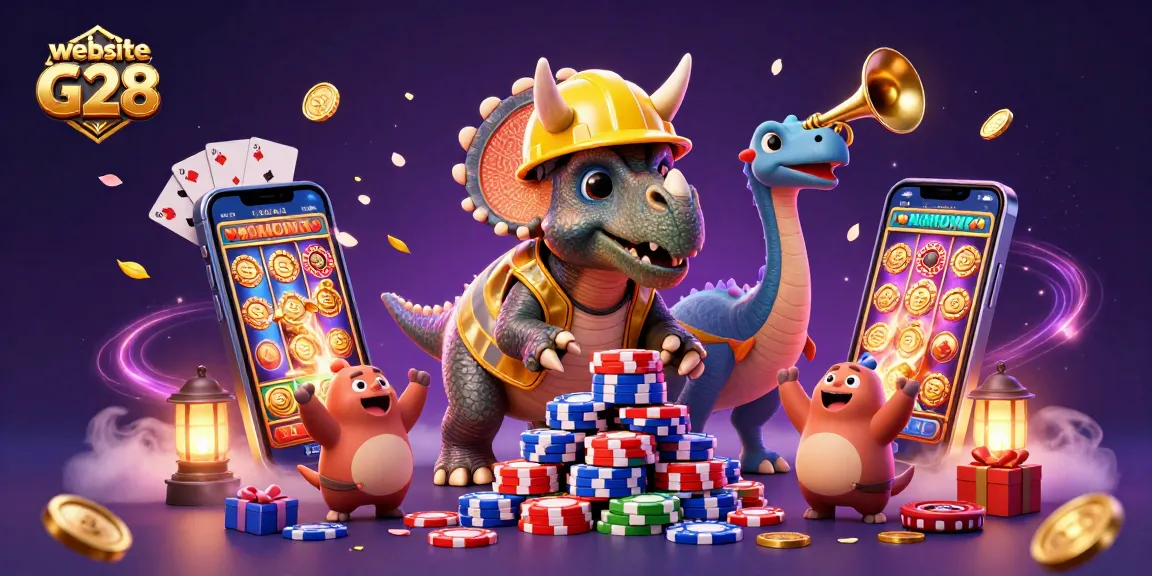Experience thrilling gameplay at website G28 with a delightfully animated scene of characters celebrating and playing casino games.