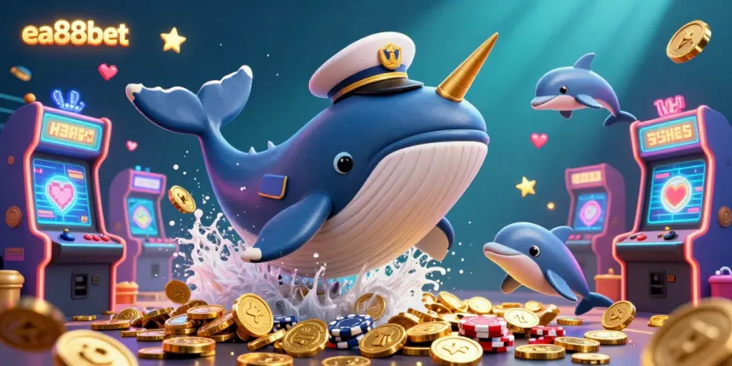 Join the vibrant ea88bet experience with a whale and playful dolphins in a dynamic casino scene.