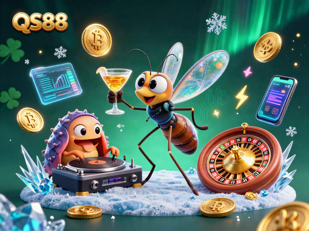 Experience the thrill of QS88 with a lively frozen mosquito mascot and crypto-themed elements.
