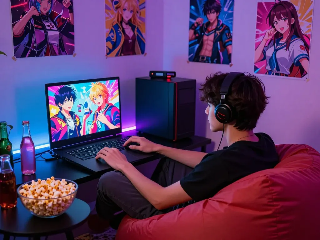 Immerse in vibrant adult gaming experience, play porn games on a laptop in a cozy room.