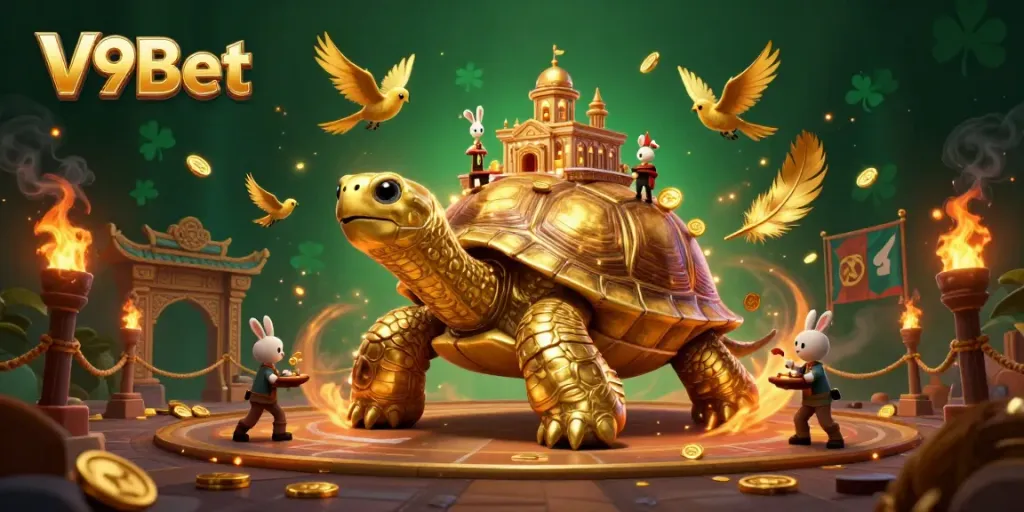 Experience thrilling wins at V9Bet with a vibrant, cartoon-style casino scene featuring a golden tortoise and a rabbit dealer.