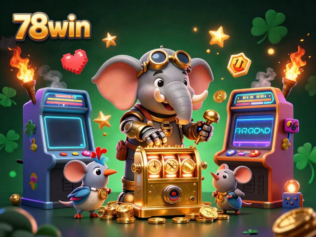 Engage with 78win's thrilling gaming scene featuring a steampunk elephant at a golden slot machine.