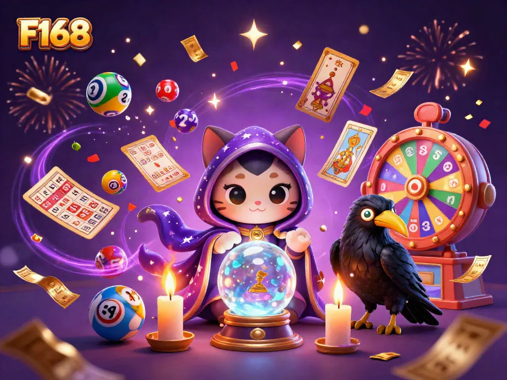 Join F168's vibrant gambling world with a mystic cat and specialized fortune-telling elements.