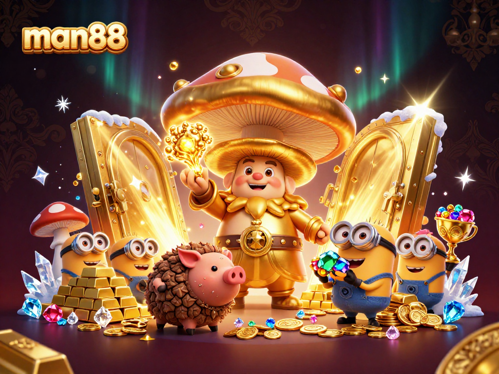 Experience man88's magic with a golden mushroom wizard transforming treasures in an exciting casino scene.
